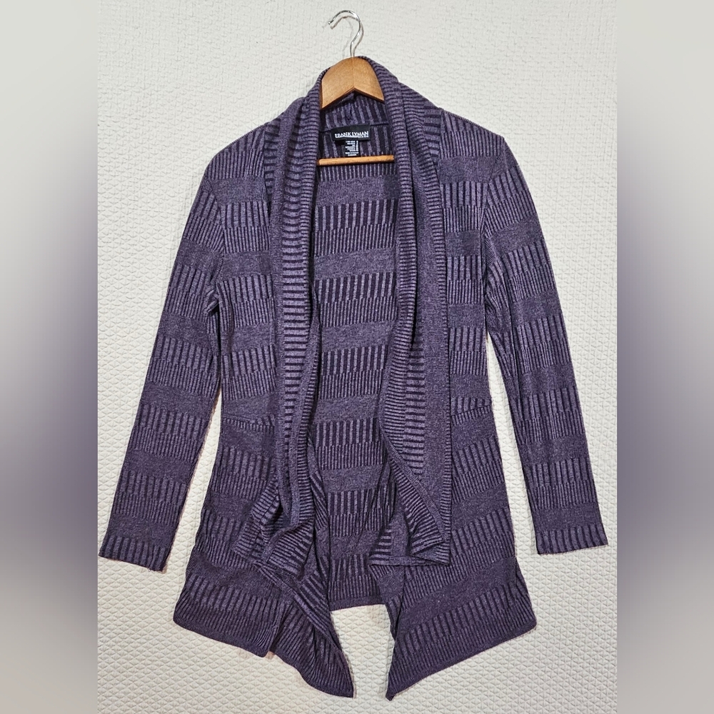 Frank Lyman Design Modern Gray/Purple Open Front Draping Knit Cardigan Size 8